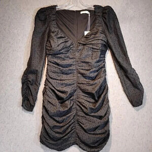 Lush NWT Ruched  Front Long Sleeve Mesh Dress in Black Size Small